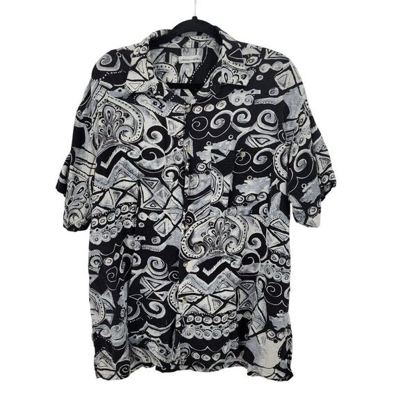 Vtg 80s Mens Sz 1X Short Sleeve Black White Tiki Rayon Button-Up Shirt Hawaiian - Picture 1 of 9